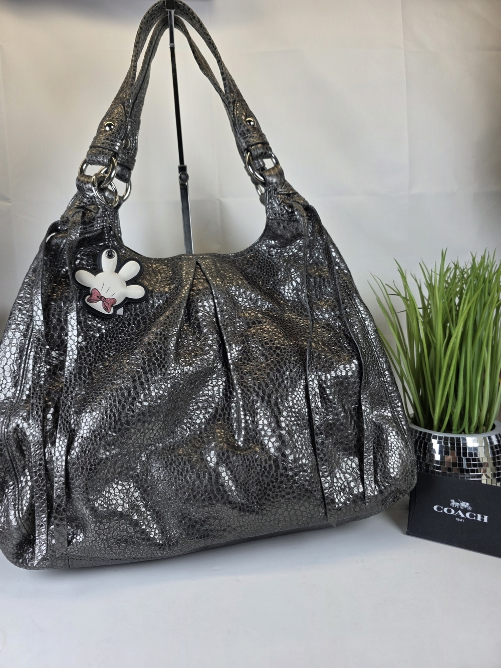 Coach Maggie Crinkled Metallic Gunmetal Leather Shoulder Bag Rare Limited Editio